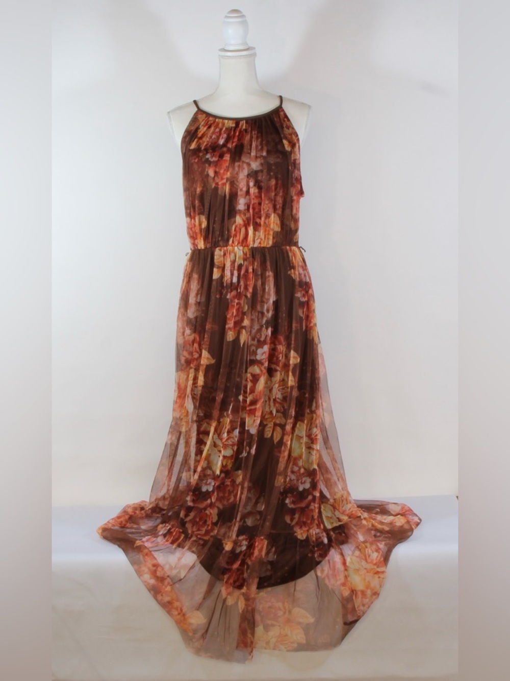 Candalite Floral Brown Sleeveless Maxi Dress with Ruffled Skirt NWOT - Picture 3 of 12